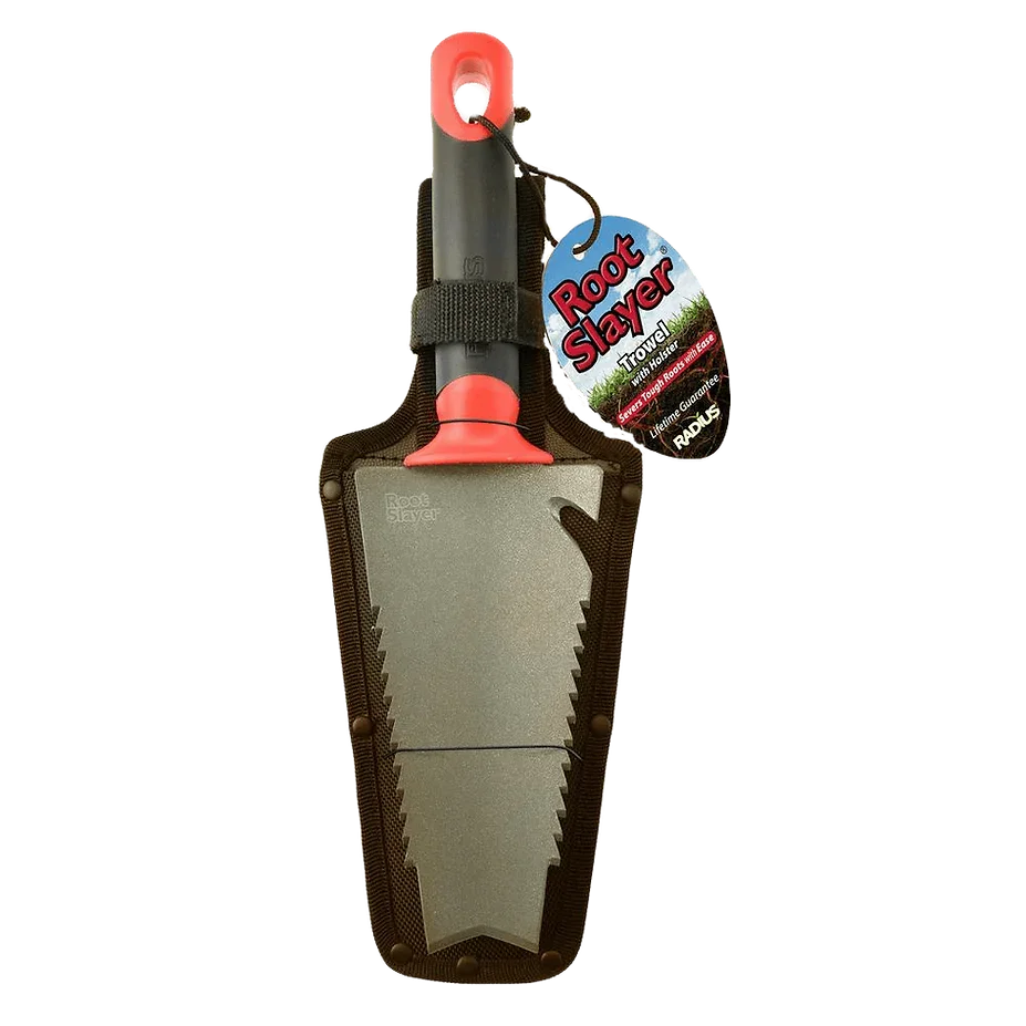 Truelle de jardinage RootSlayer avec lame dentelée et étui, outil pour racines