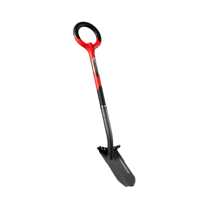 Pelle de jardin ergonomique rouge et noire avec manche circulaire, outil de jardinage renforcé.