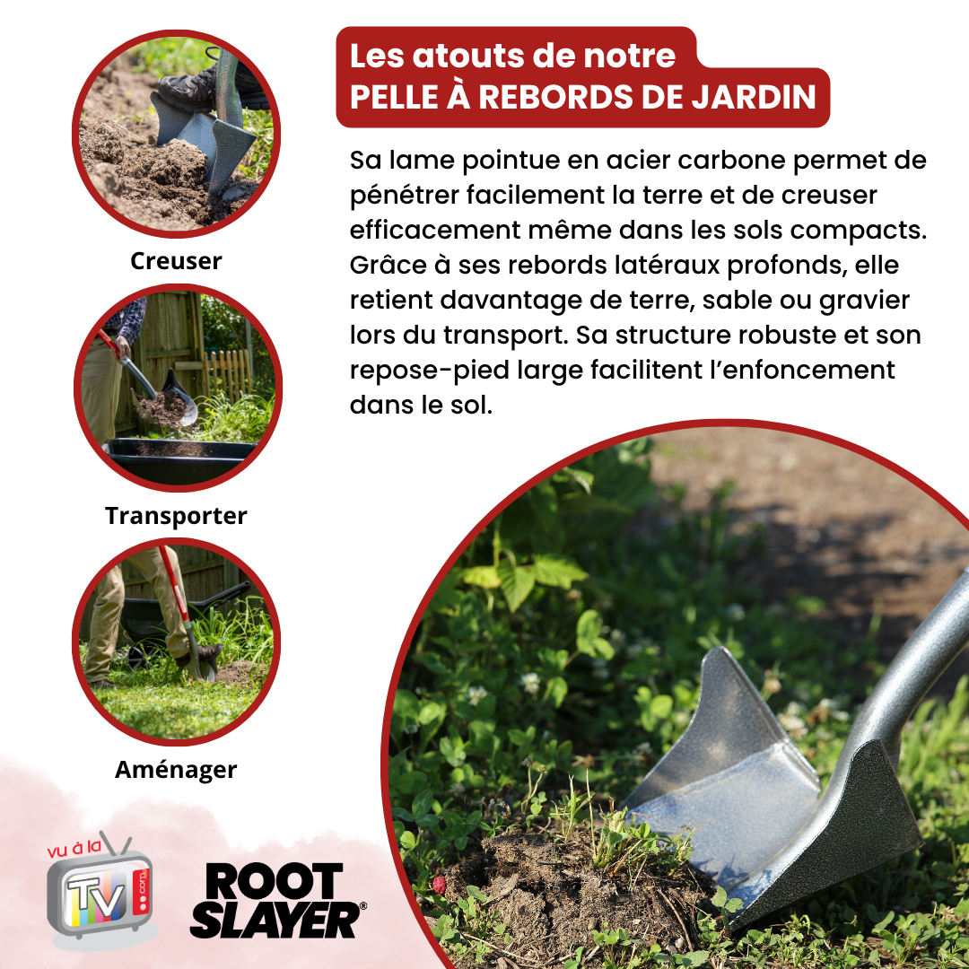 RootSlayer shovel with raised edges 